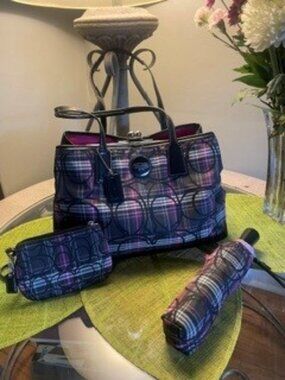 Vintage Coach Signature Tartan Plaid handbag, wristlet, makeup bag and umbrella